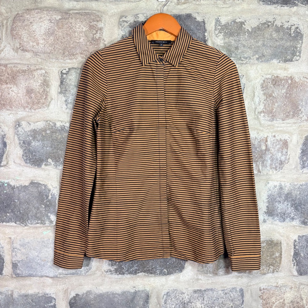 Lafayette 148 New York Women's Mustard Navy Striped Hidden Button Down Shirt 6